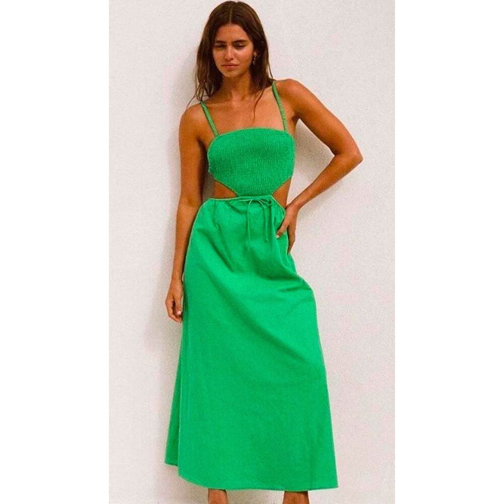 SABO Women Neeli Cotton Linen Dress Midi Green Size XS A000884